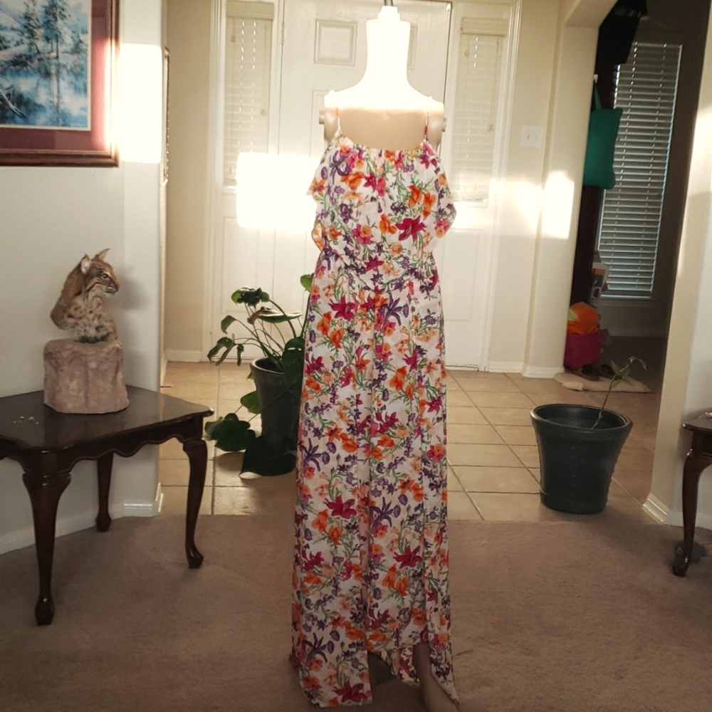 BCBGeneration s artsy dark floral collage floating tripod skirt high low maxi